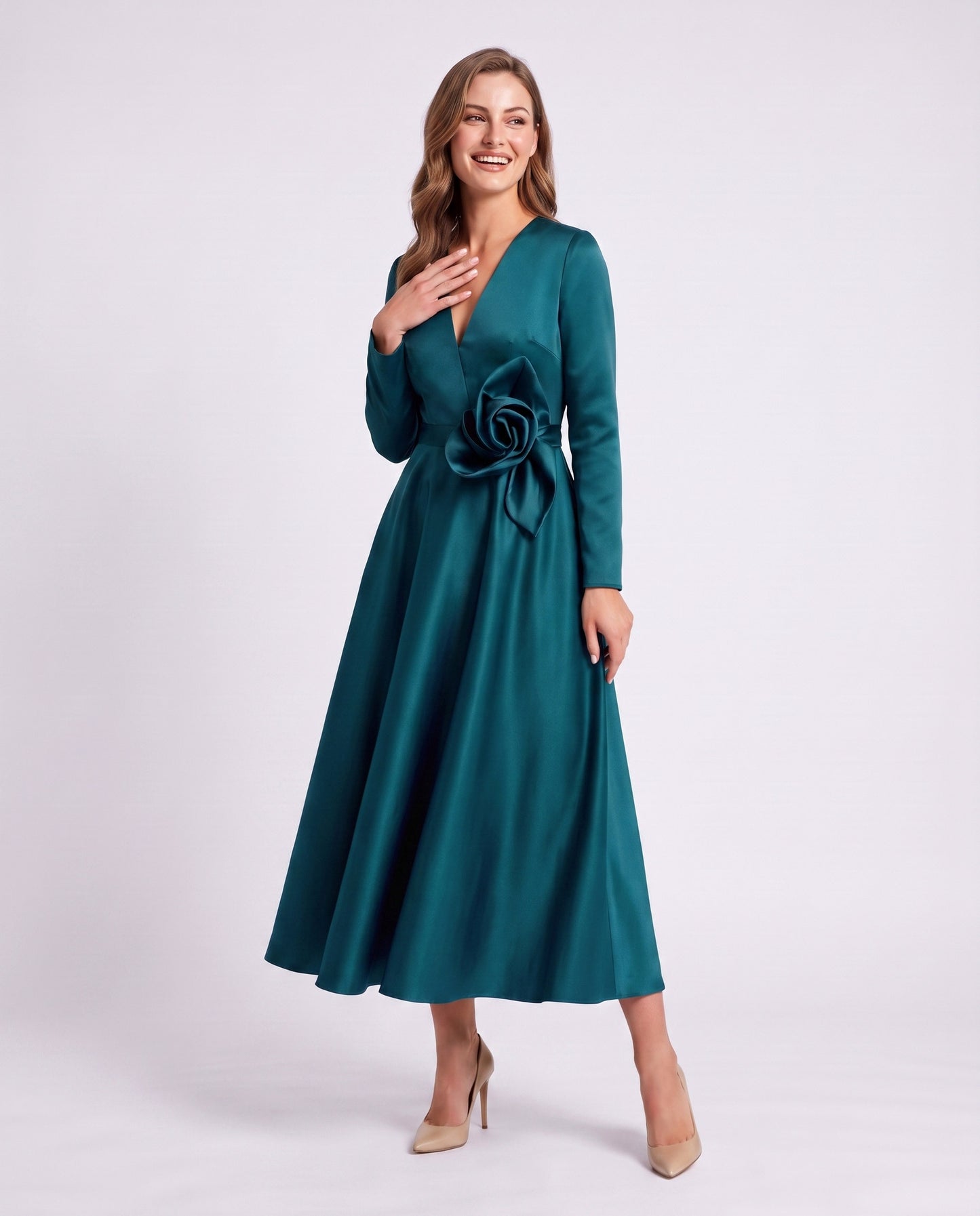 Satin Long Sleeve Midi Dress