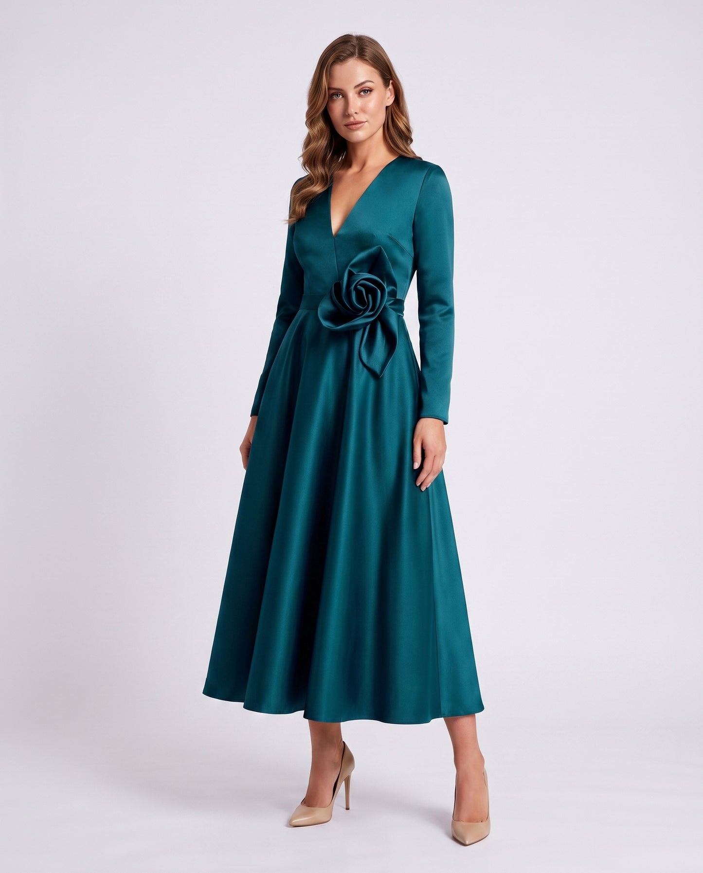 Satin Long Sleeve Midi Dress