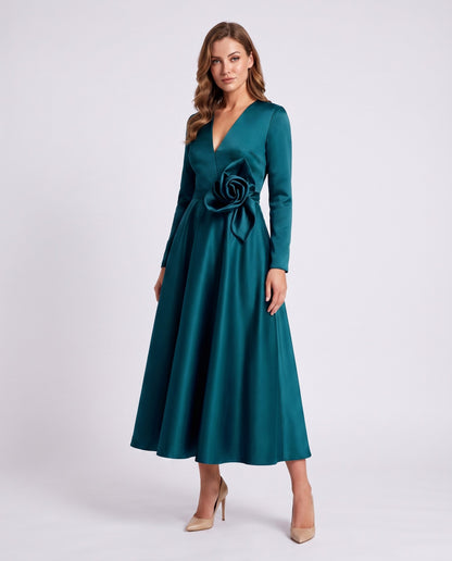Satin Long Sleeve Midi Dress