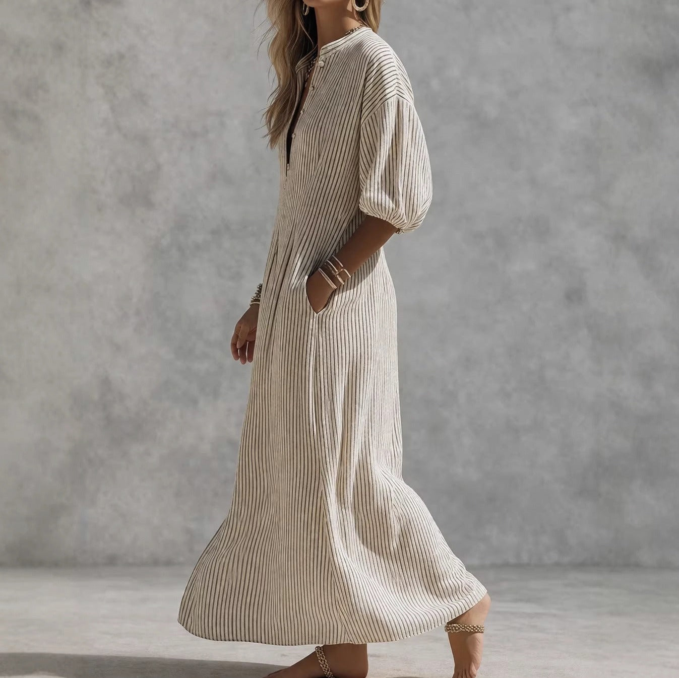 Striped Balloon Sleeve Maxi Dress