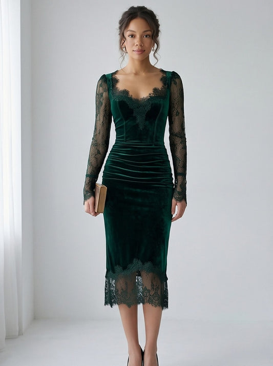 Velvet Lace Trim Midi Dress