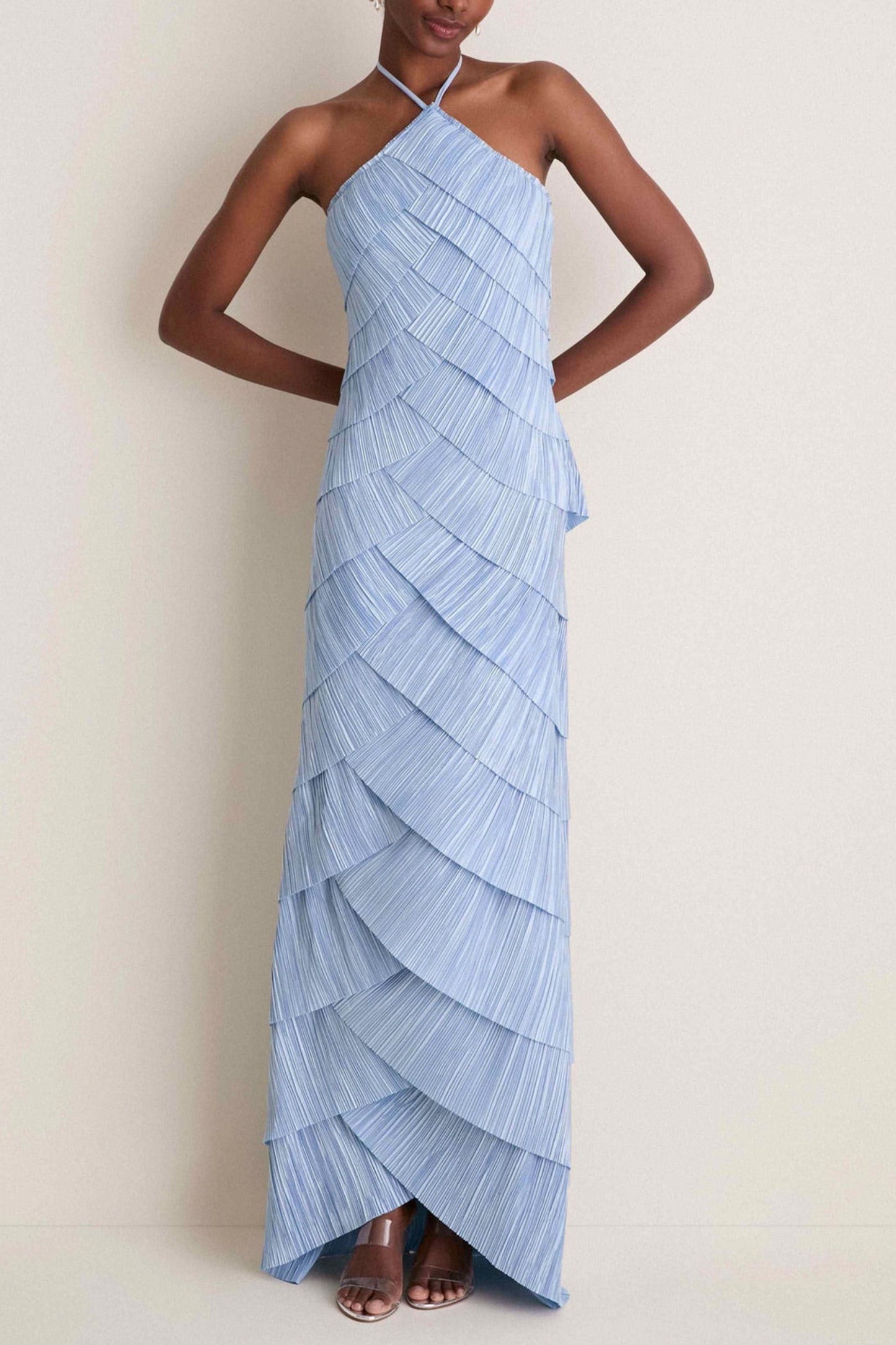 Pleated Tiered Halter Maxi Dress