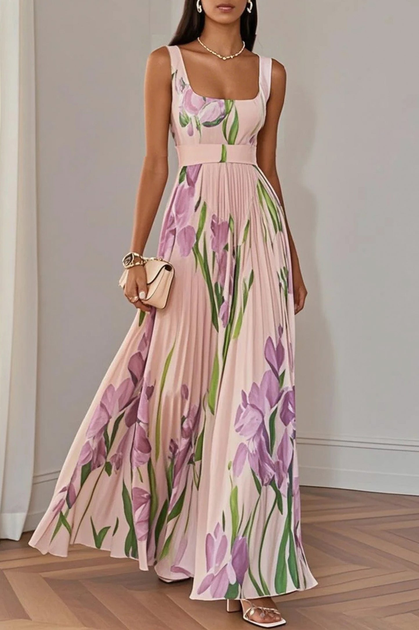 Floral Pleated Belted Maxi Dress