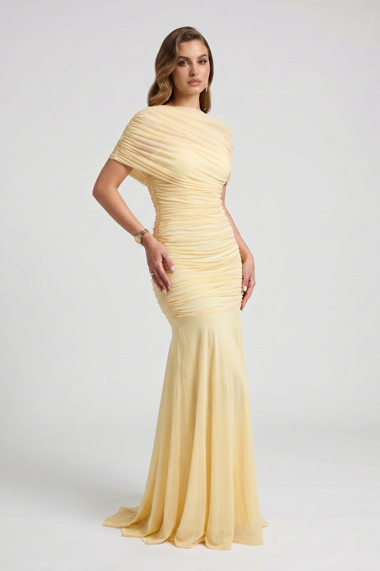 Chiffon Ruched High Neck Maxi Dress