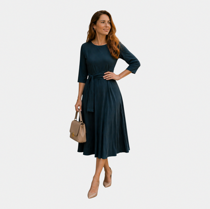 Belted 3/4 Sleeve Midi Dress