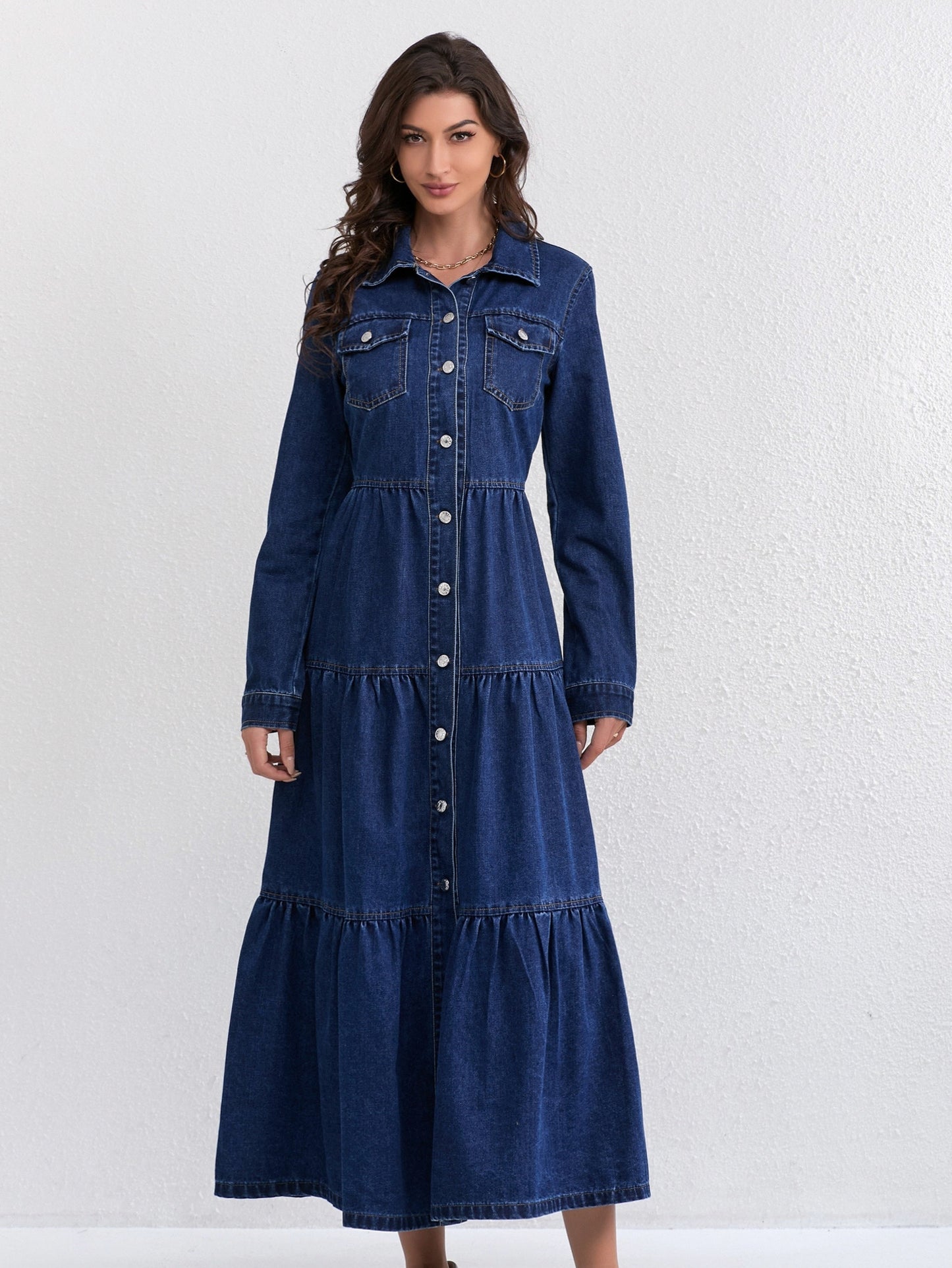Denim Tiered Long Sleeve Maxi Dress