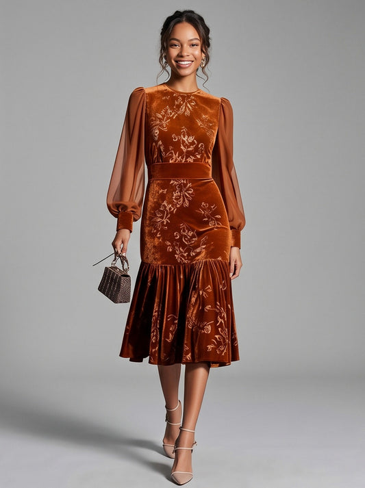 Velvet Floral Long Sleeve Midi Dress