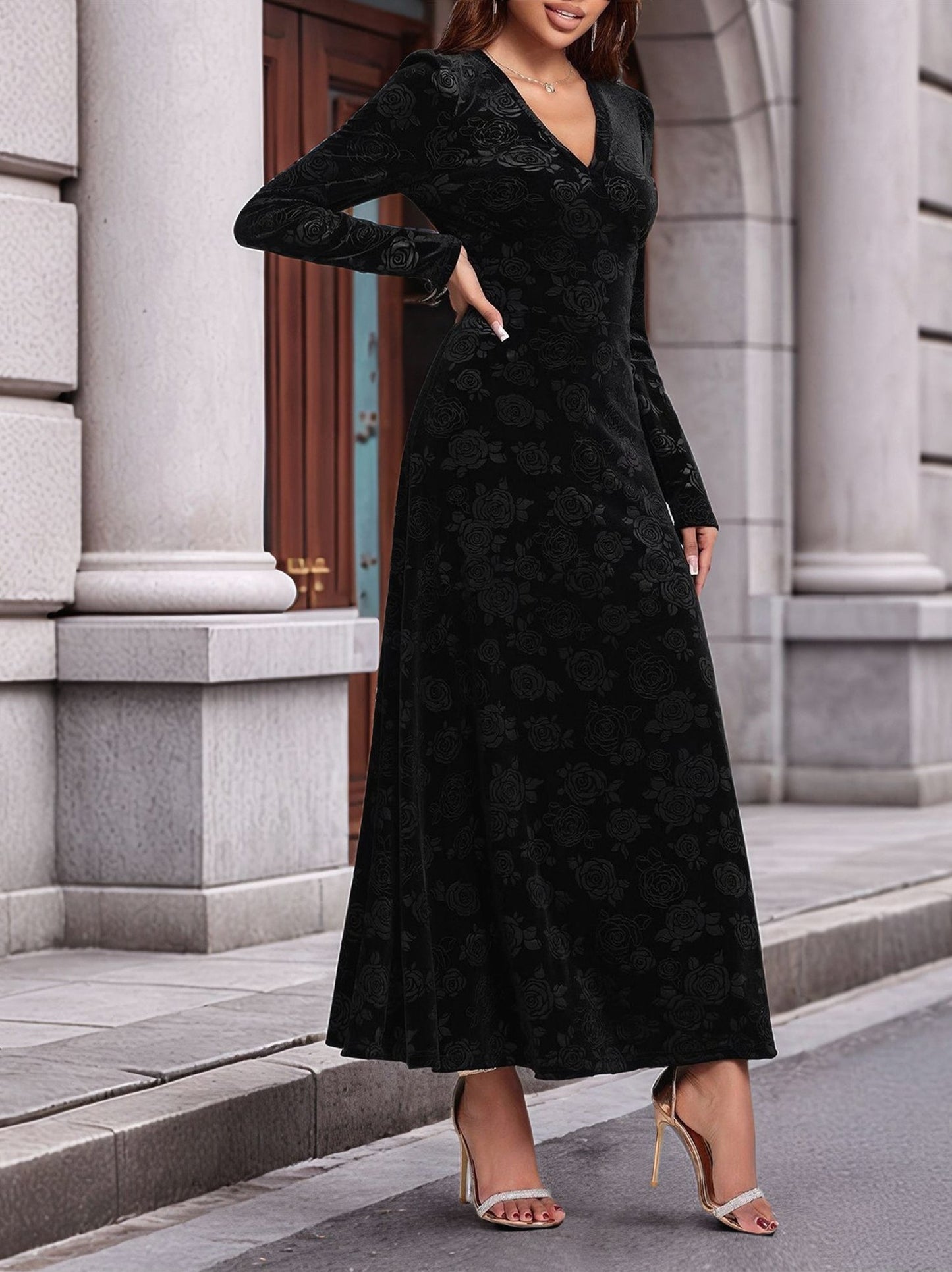 Velvet Floral Long Sleeve Maxi