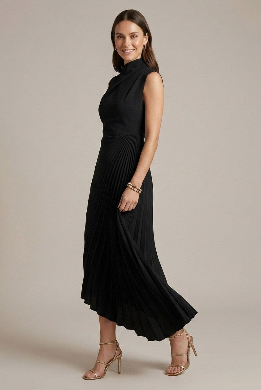 High Neck Pleated Midi Dress