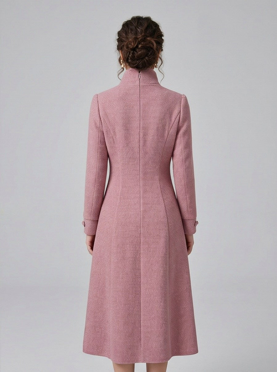 Pink Scarf Neck Long Sleeve Midi Dress