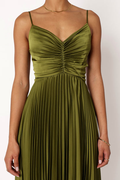 Satin Ruched Pleated Maxi Dress