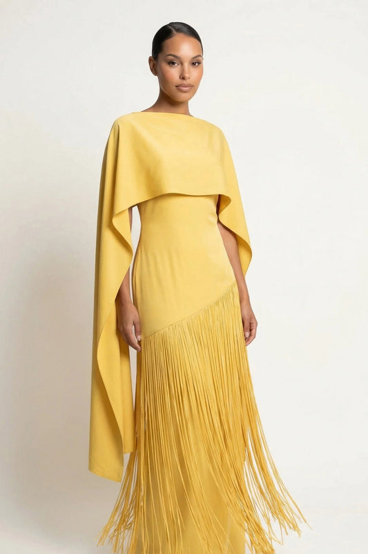 Cape Overlay Fringe Maxi Dress