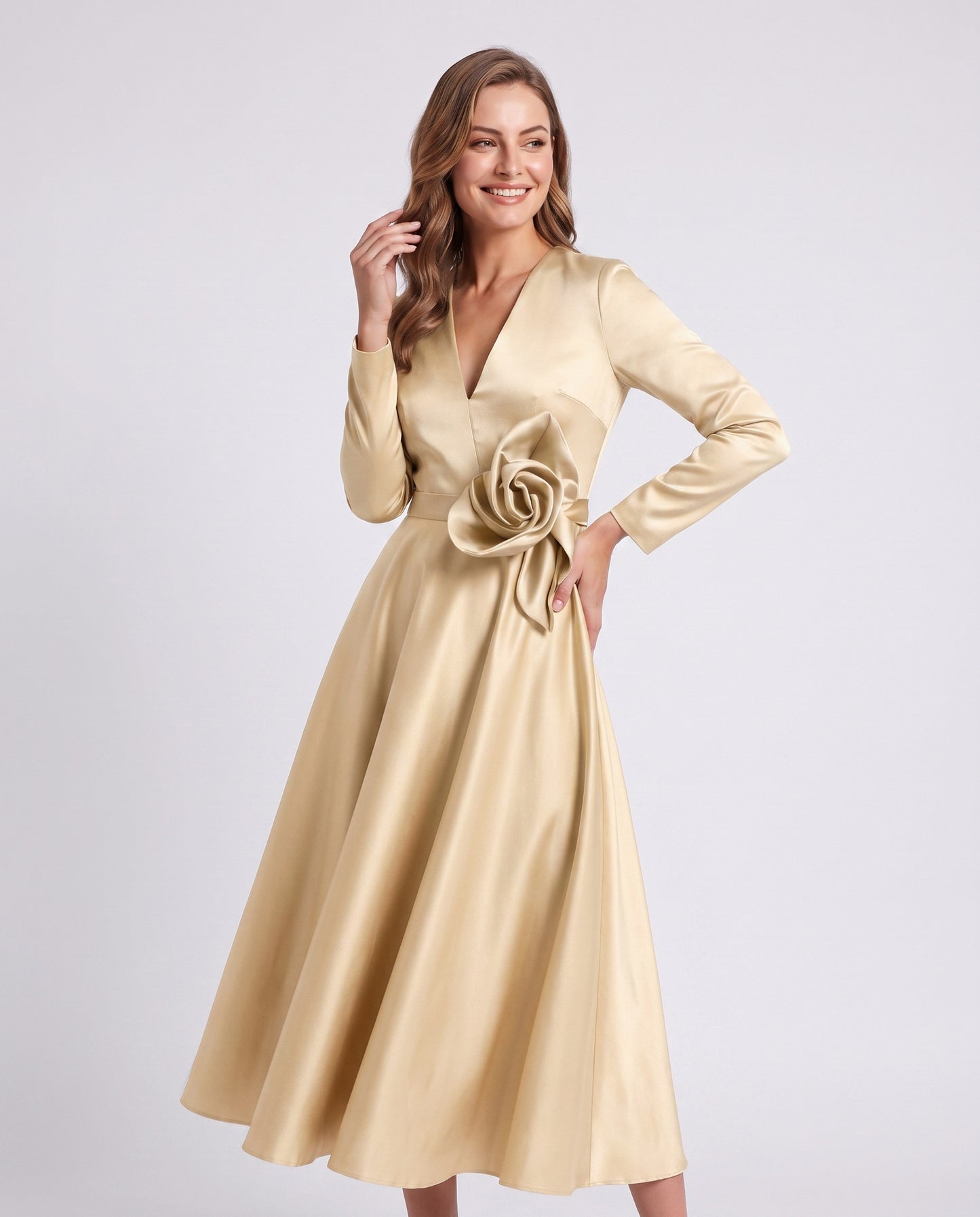Satin Long Sleeve Midi Dress
