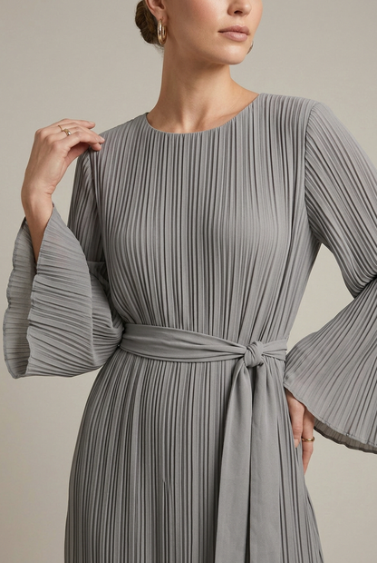 Pleated Belted Long Sleeve Dress