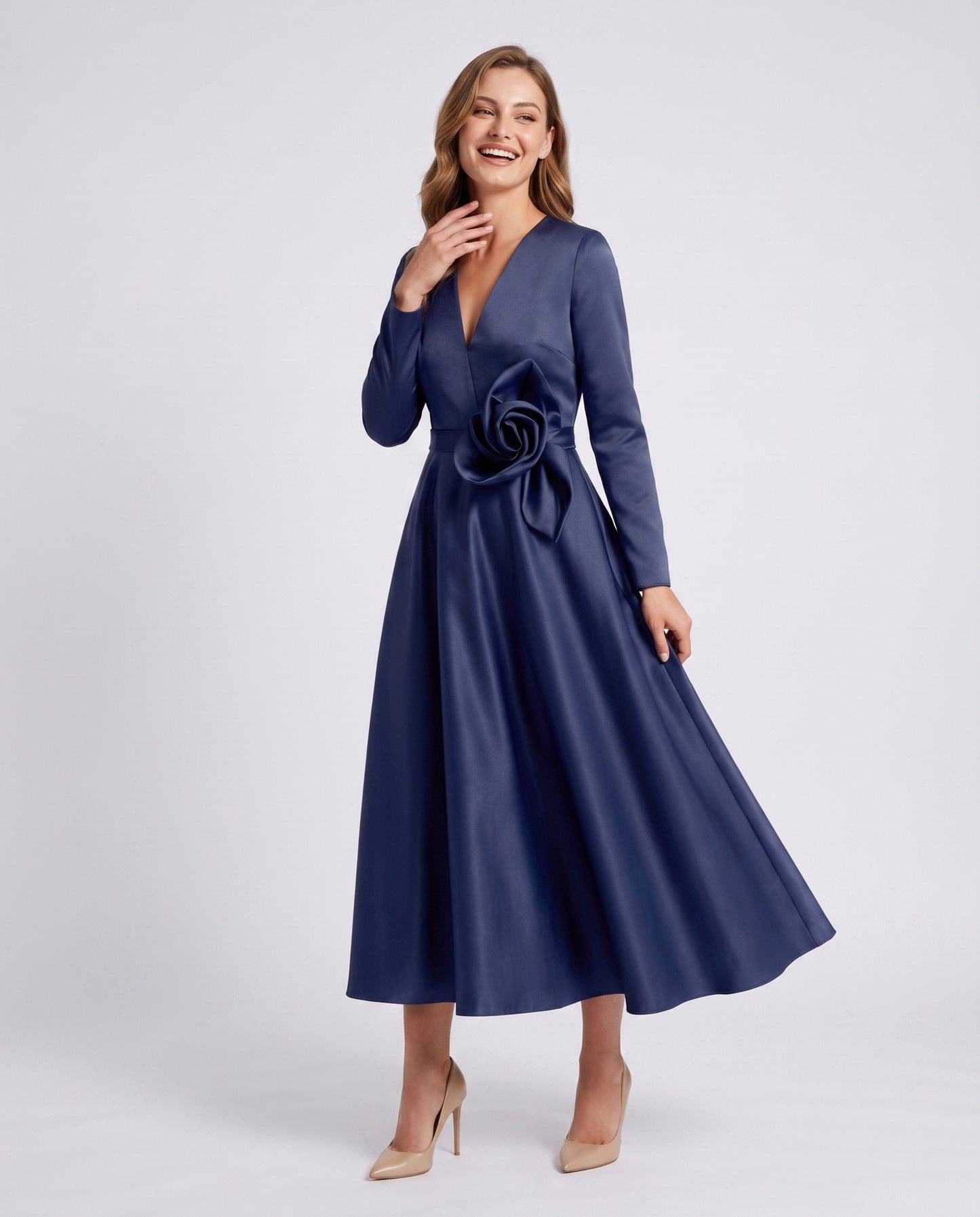 Satin Long Sleeve Midi Dress
