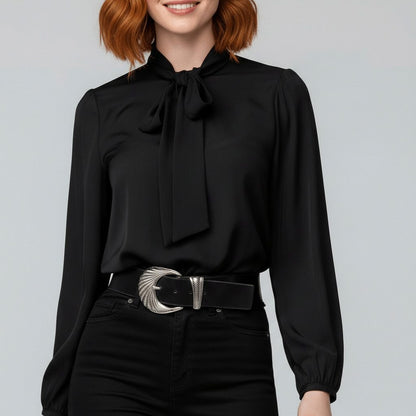 Crepe Tie Neck Long Sleeve Blouse