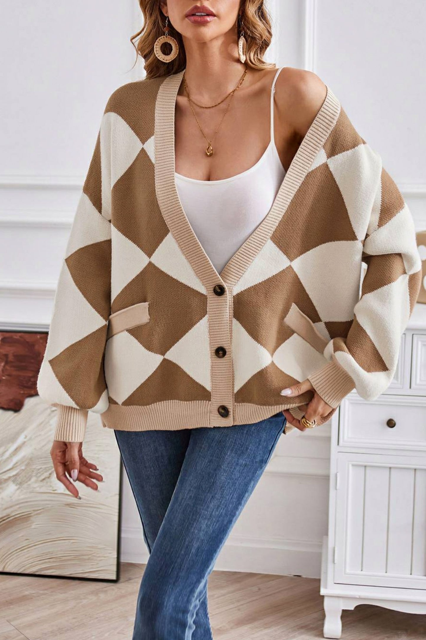 Geometric Knit Button Front Cardigan