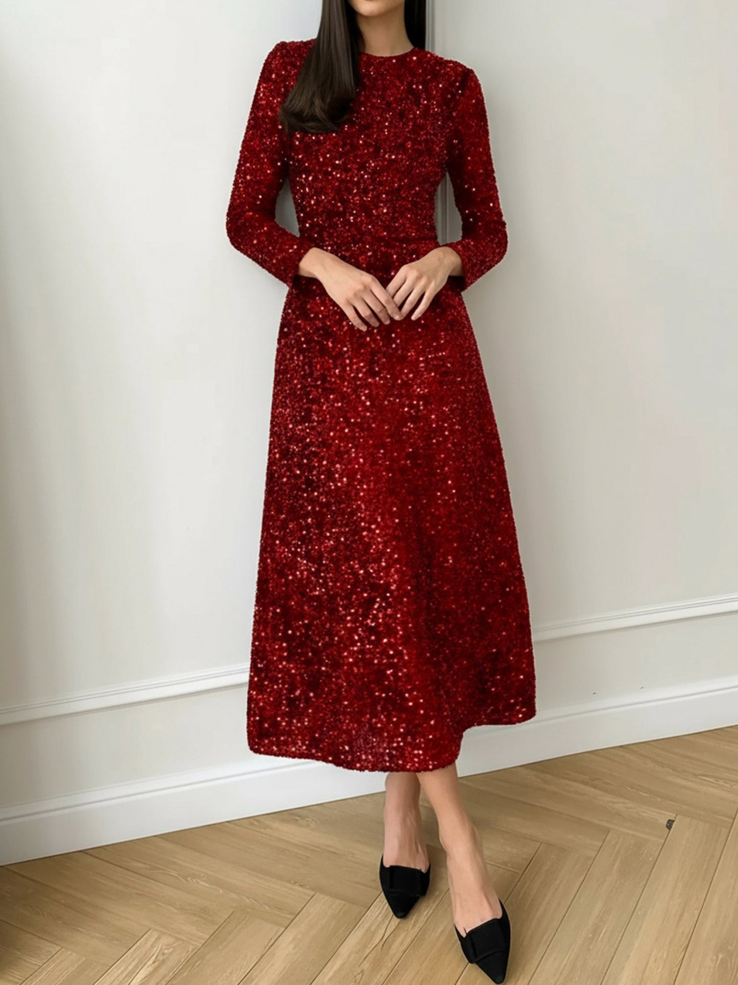 Sequin Long Sleeve Midi Dress