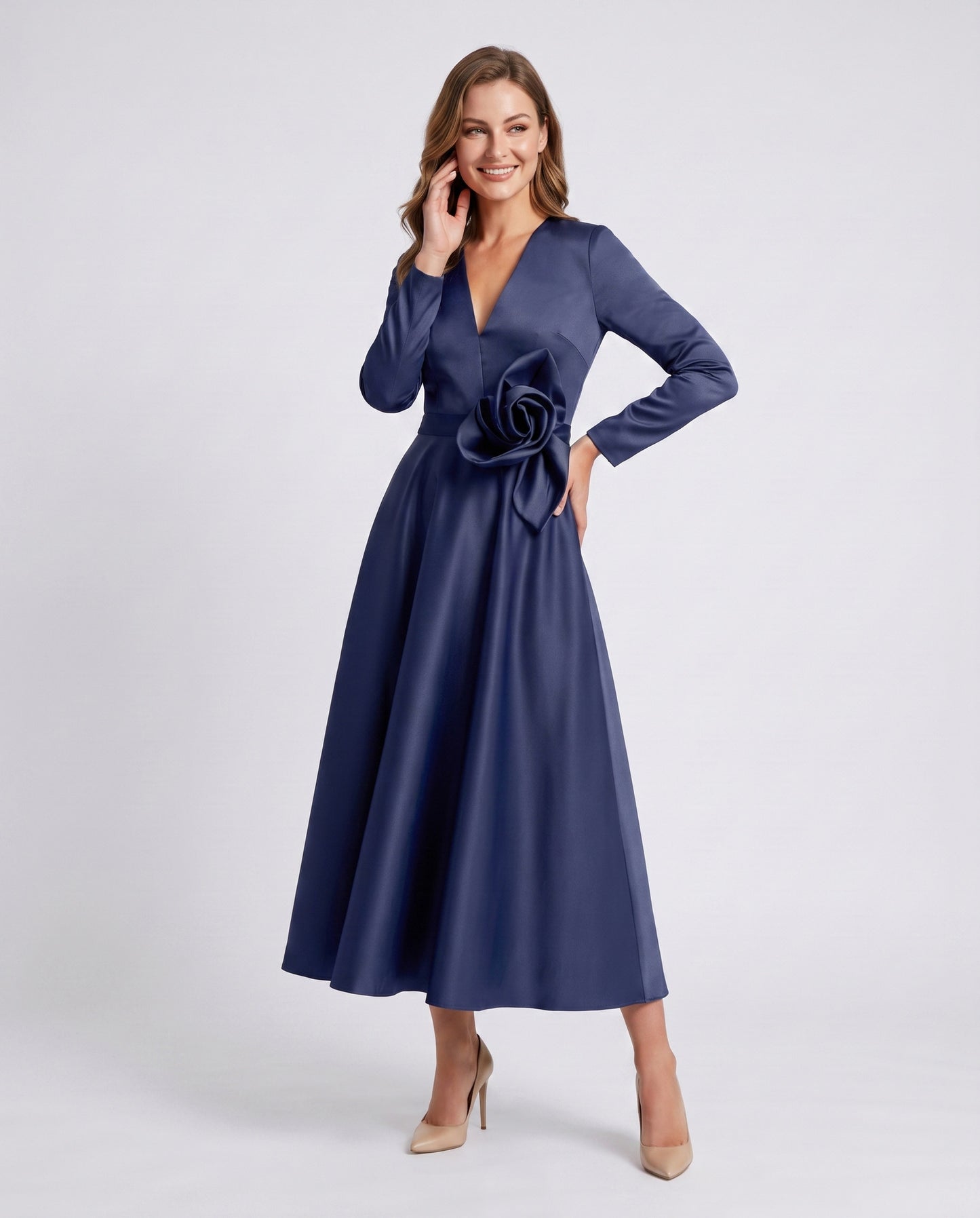 Satin Long Sleeve Midi Dress