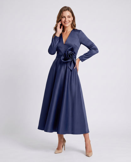 Satin Long Sleeve Midi Dress