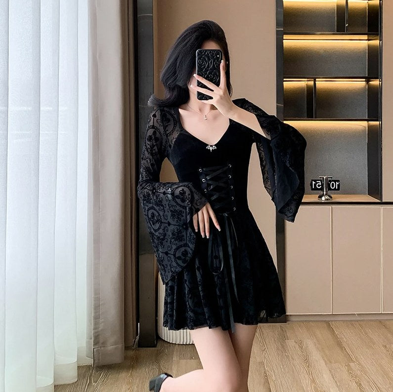 Velvet Damask Flared Sleeve Mini Dress