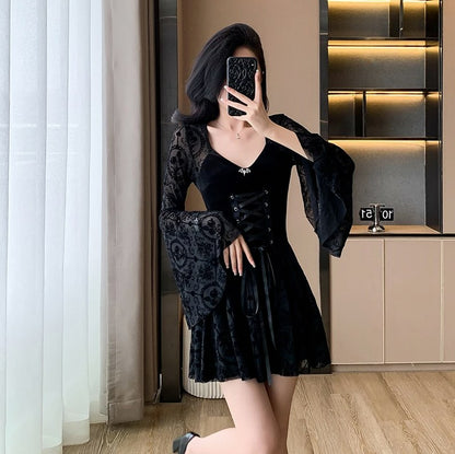 Velvet Damask Flared Sleeve Mini Dress