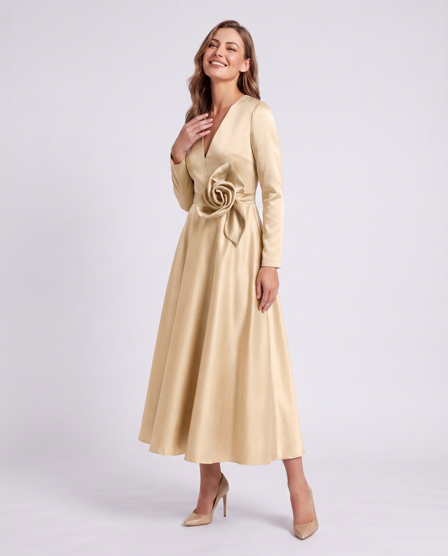 Satin Long Sleeve Midi Dress