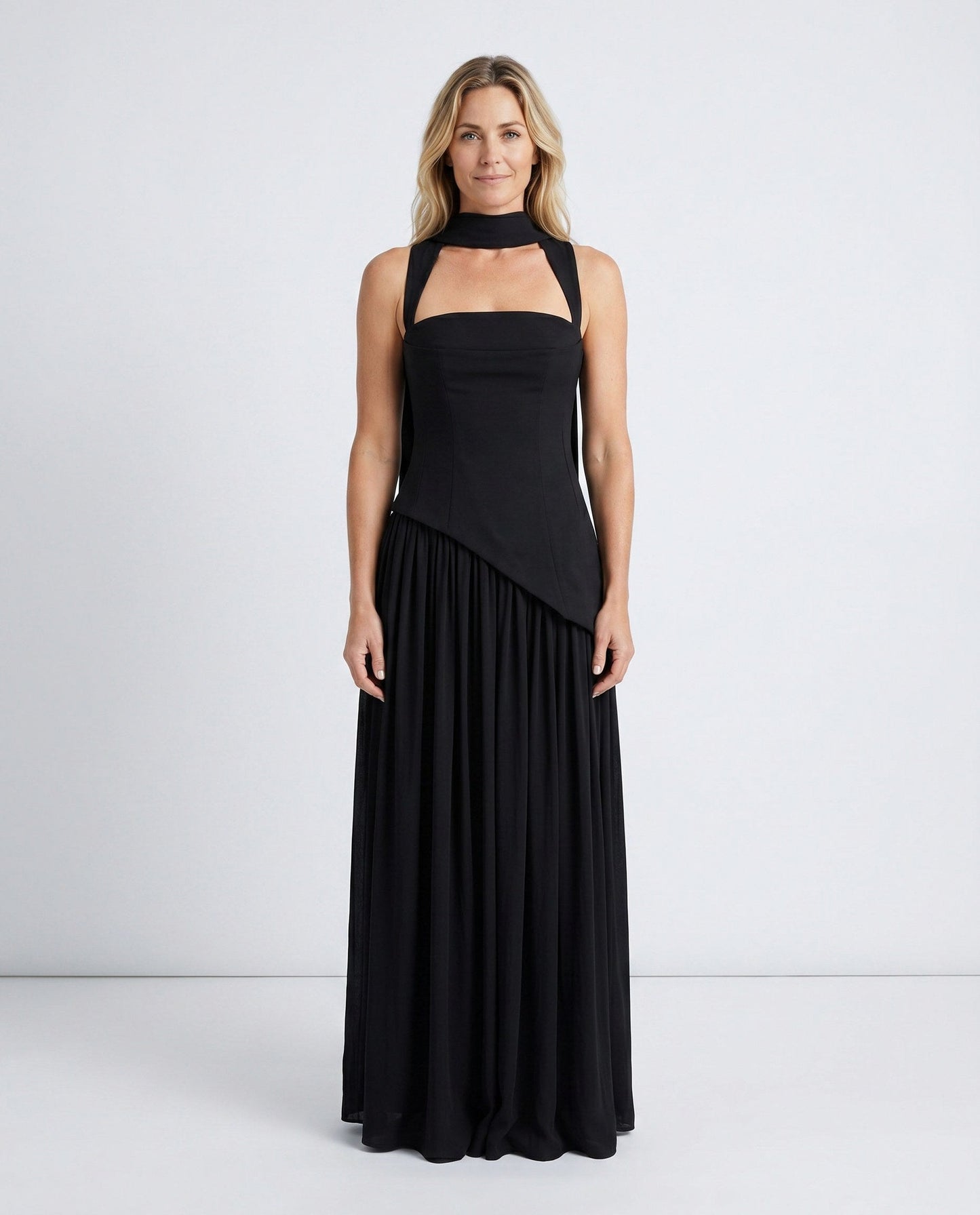 High Neck Pleated Maxi Dress