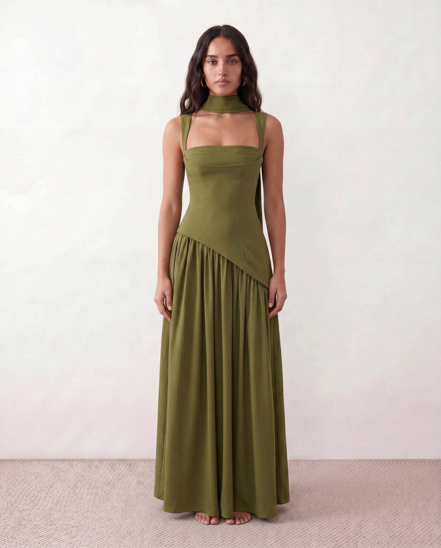 High Neck Pleated Maxi Dress