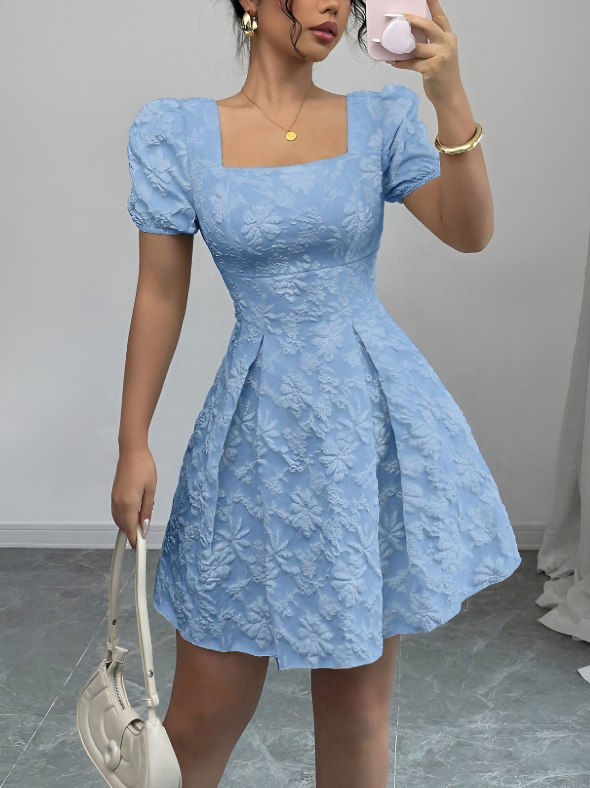 Jacquard Square-Neck Mini Dress