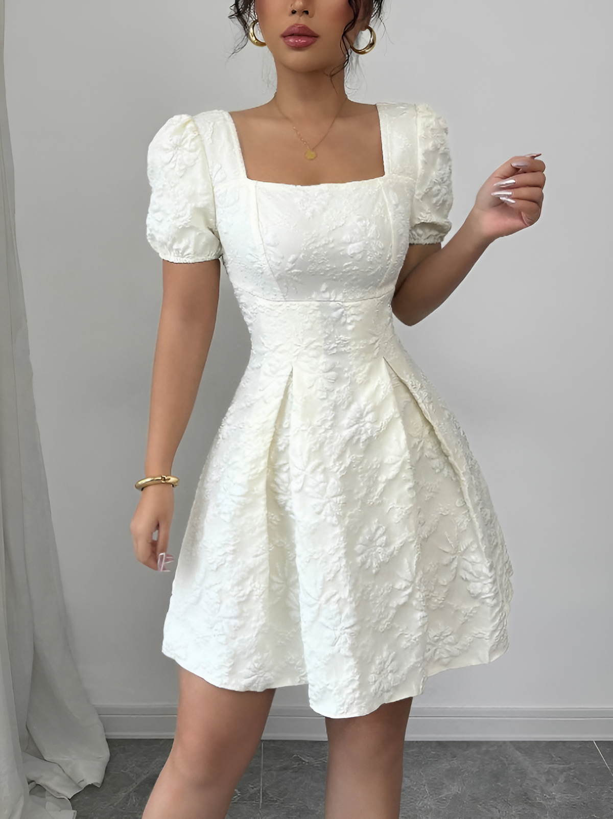 Jacquard Square-Neck Mini Dress