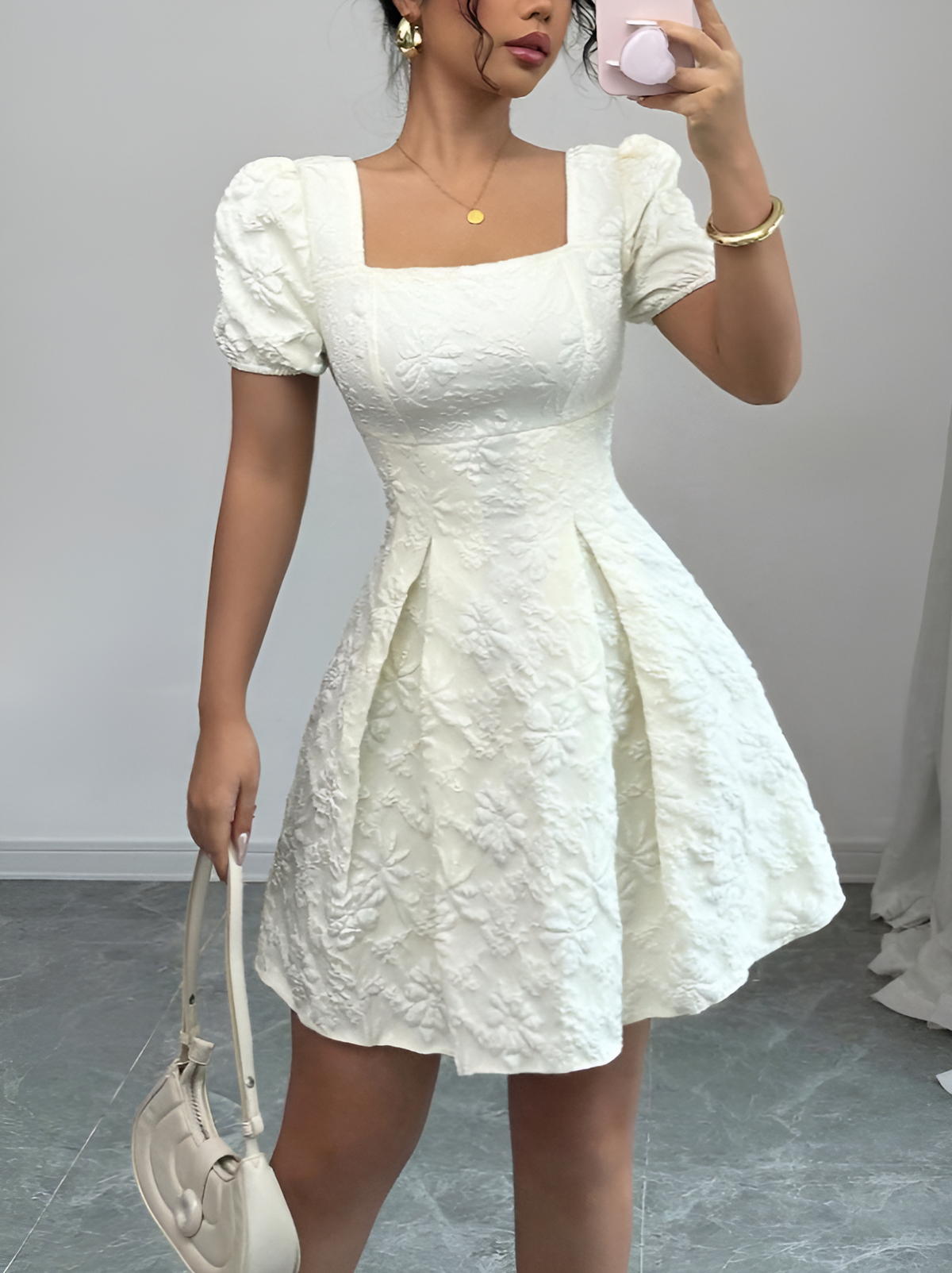 Jacquard Square-Neck Mini Dress