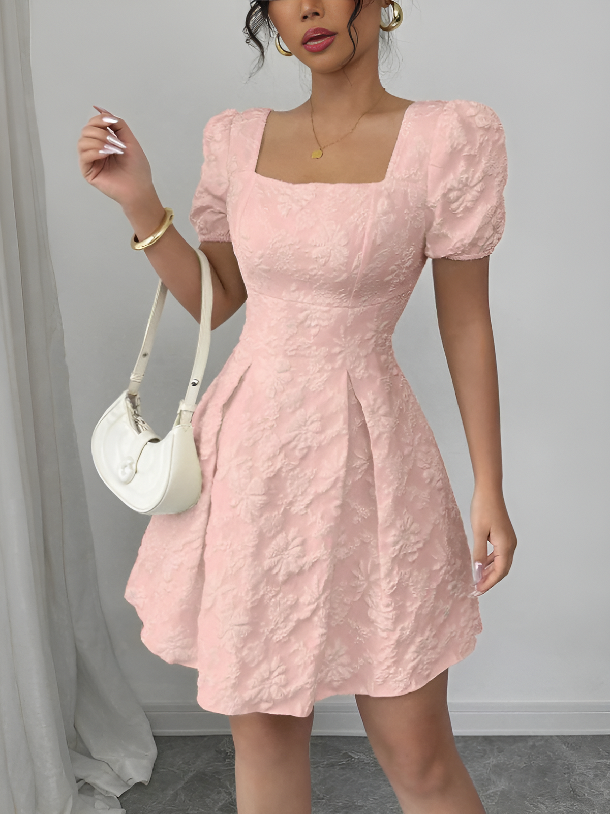 Jacquard Square-Neck Mini Dress