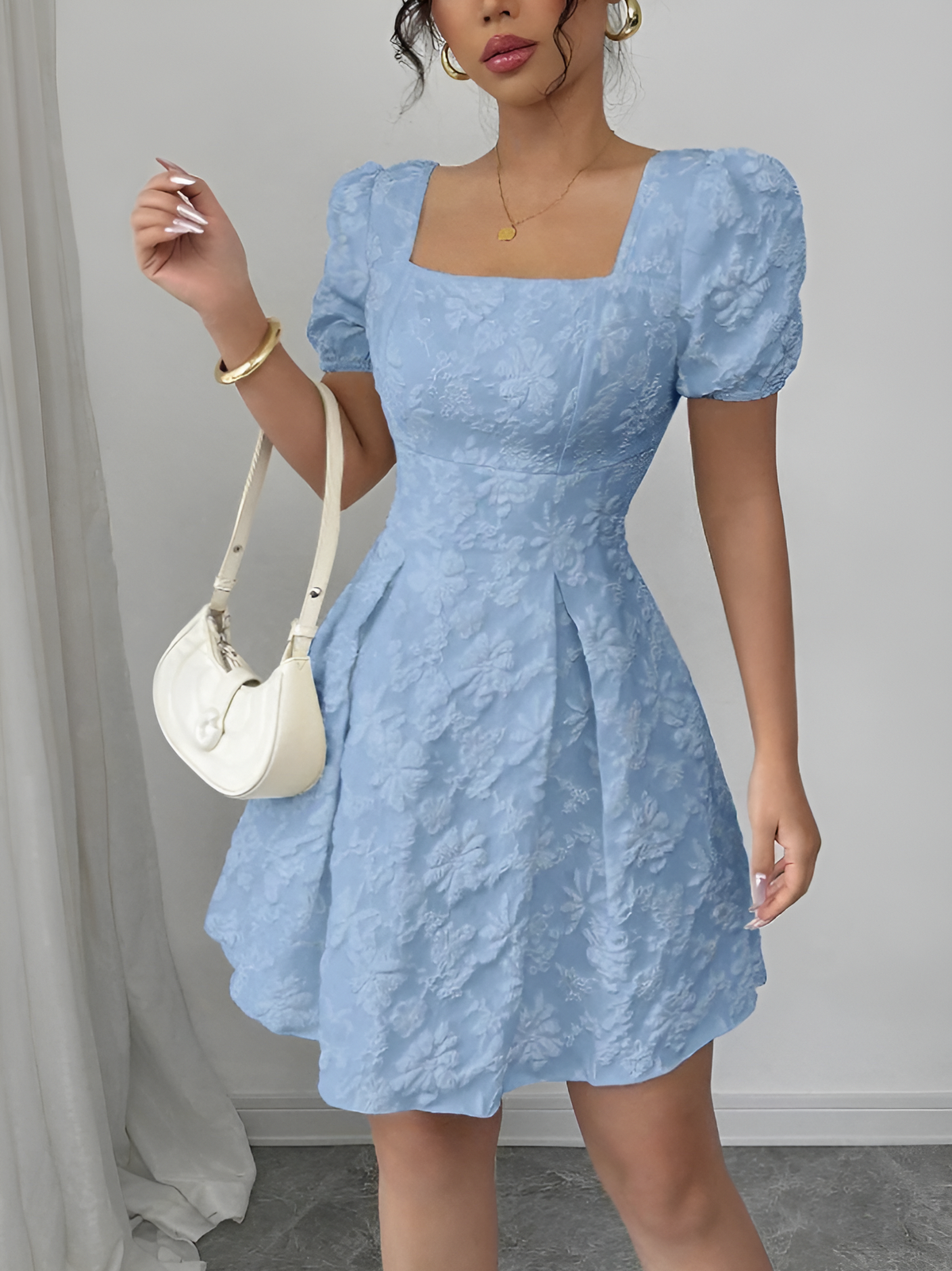 Jacquard Square-Neck Mini Dress