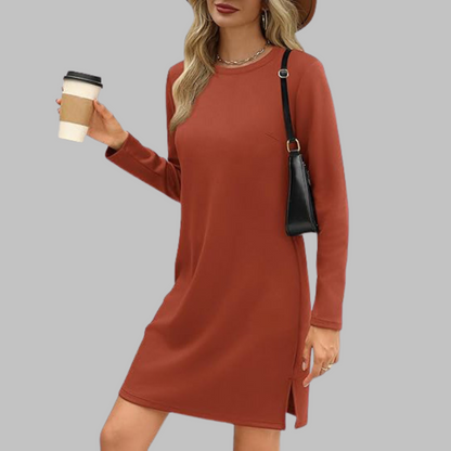 Claret - Woman wearing a solid long sleeve jersey shift mini dress with side hem slits