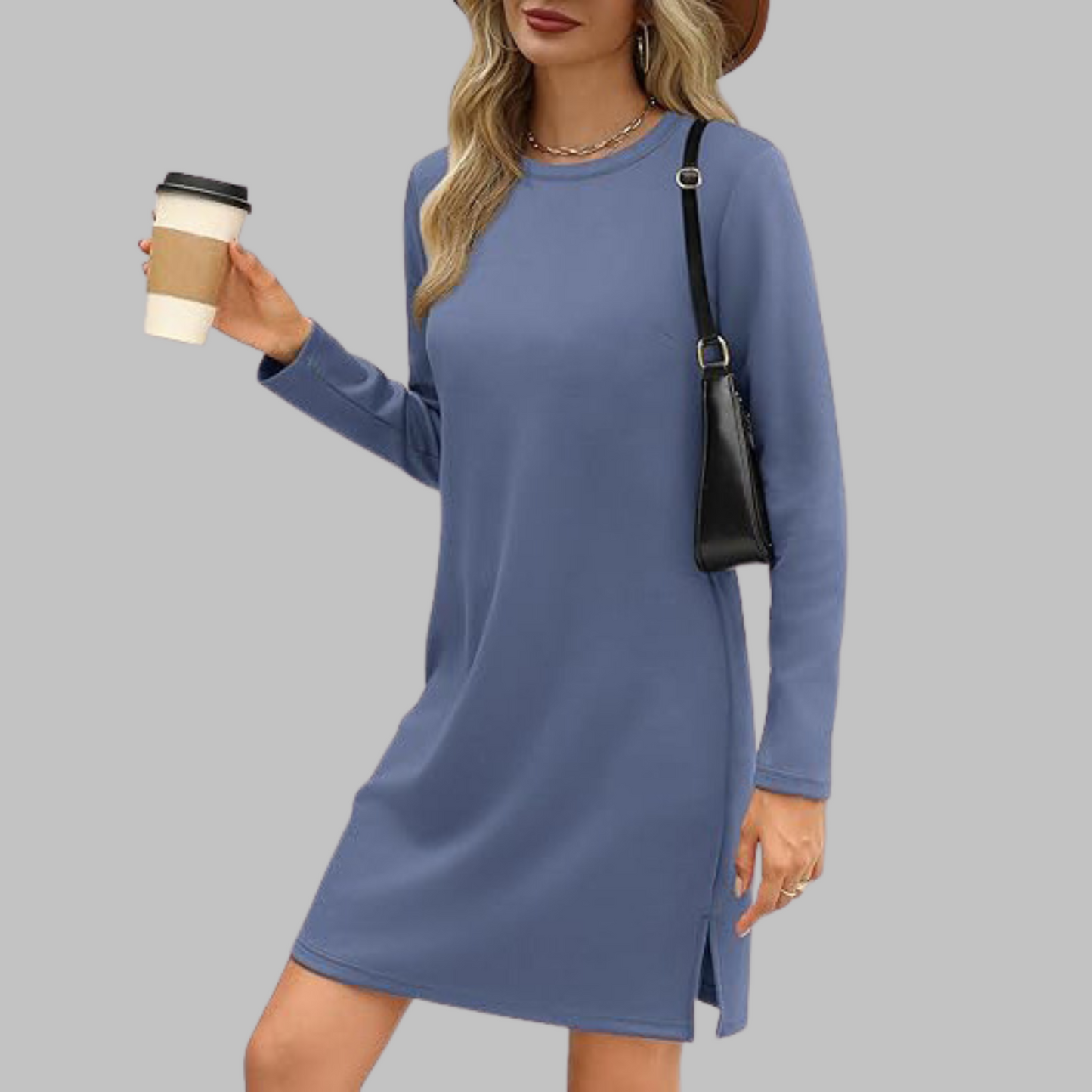 Blue - Woman wearing a solid long sleeve jersey shift mini dress with side hem slits