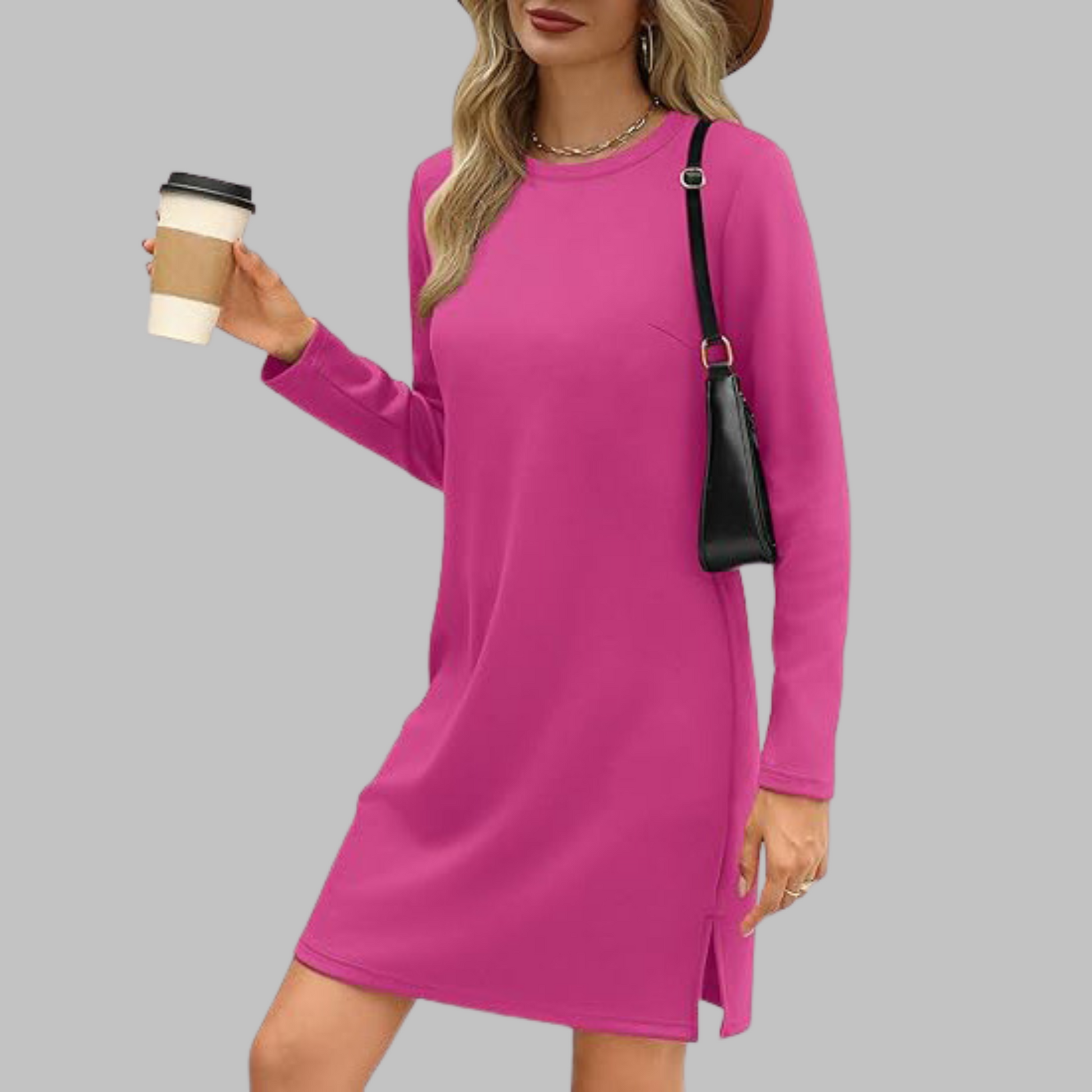 Rose Red - Woman wearing a solid long sleeve jersey shift mini dress with side hem slits