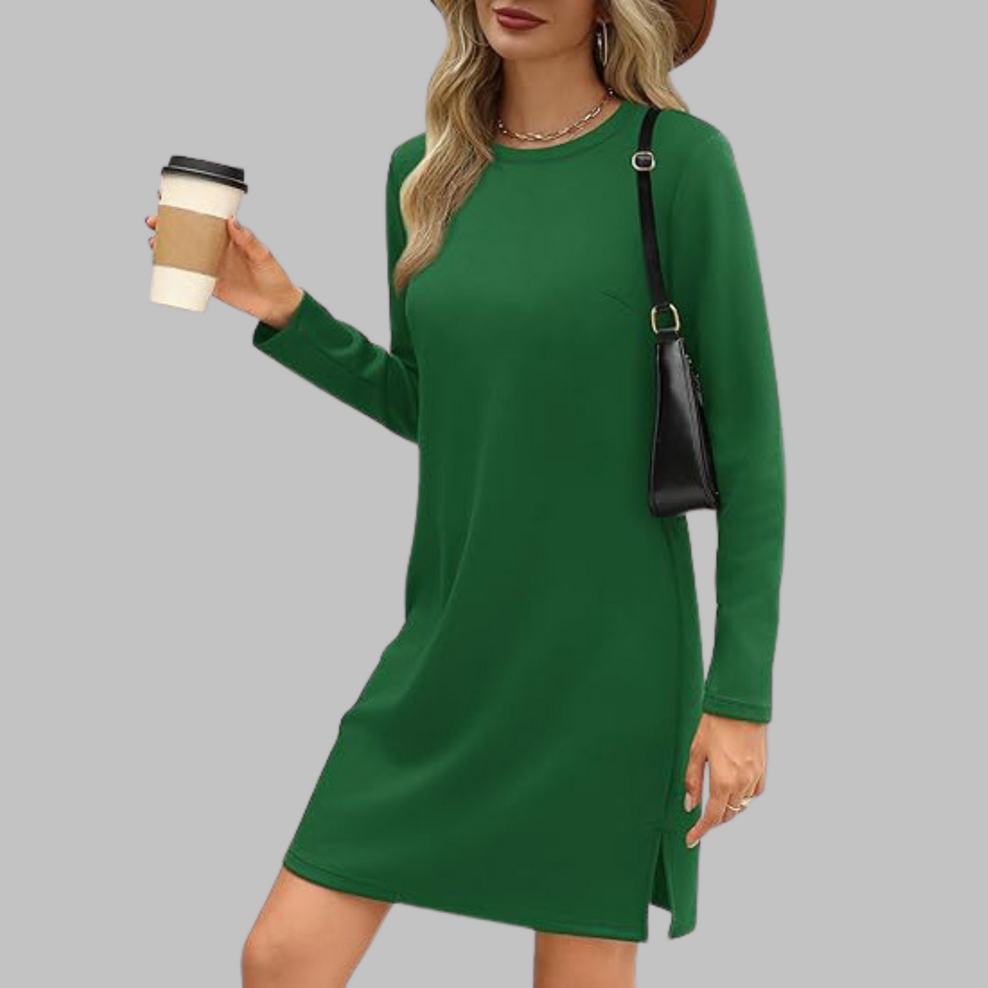 Green - Woman wearing a solid long sleeve jersey shift mini dress with side hem slits