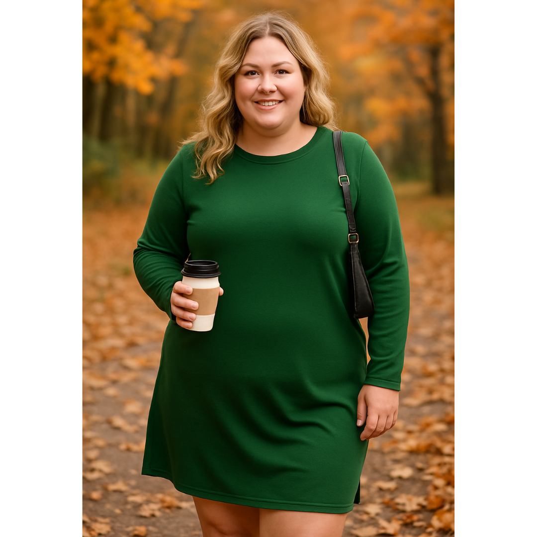 Green - Woman wearing a solid long sleeve jersey shift mini dress with side hem slits