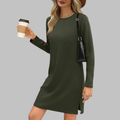 Army Green - Woman wearing a solid long sleeve jersey shift mini dress with side hem slits