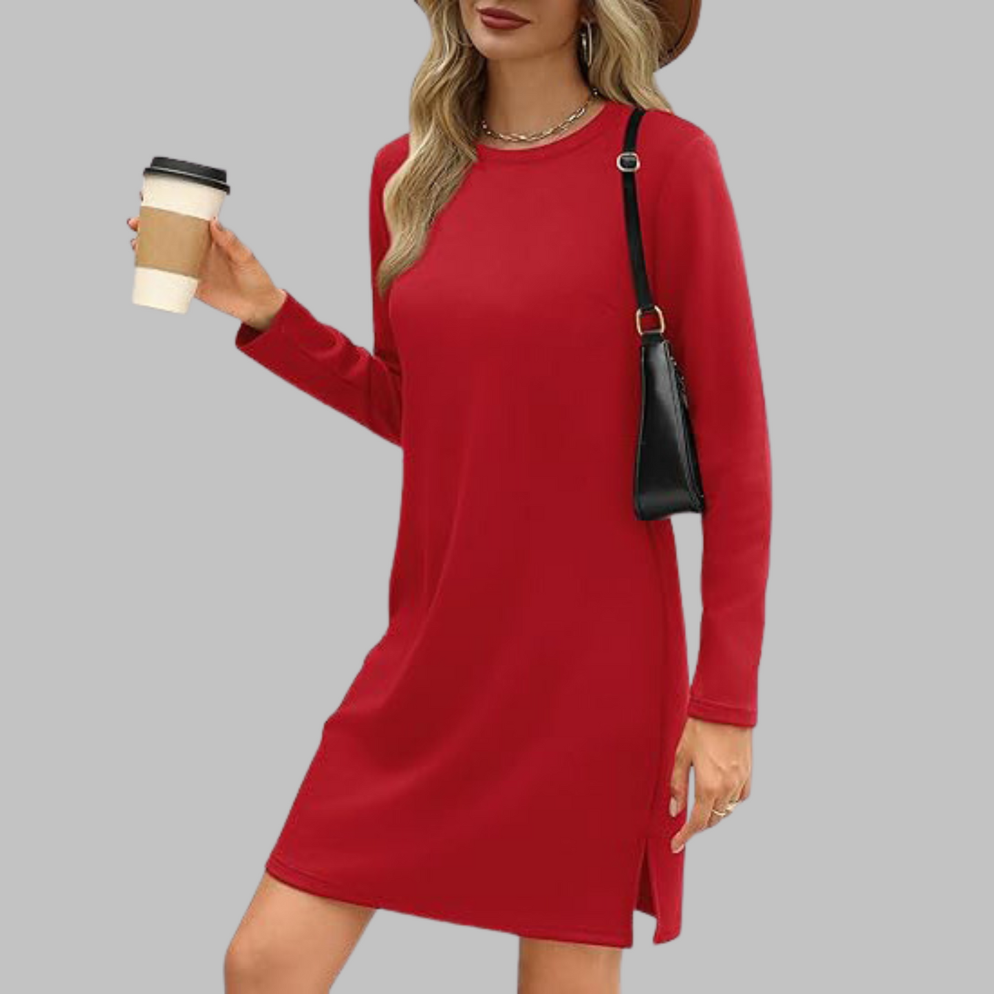 Red - Woman wearing a solid long sleeve jersey shift mini dress with side hem slits