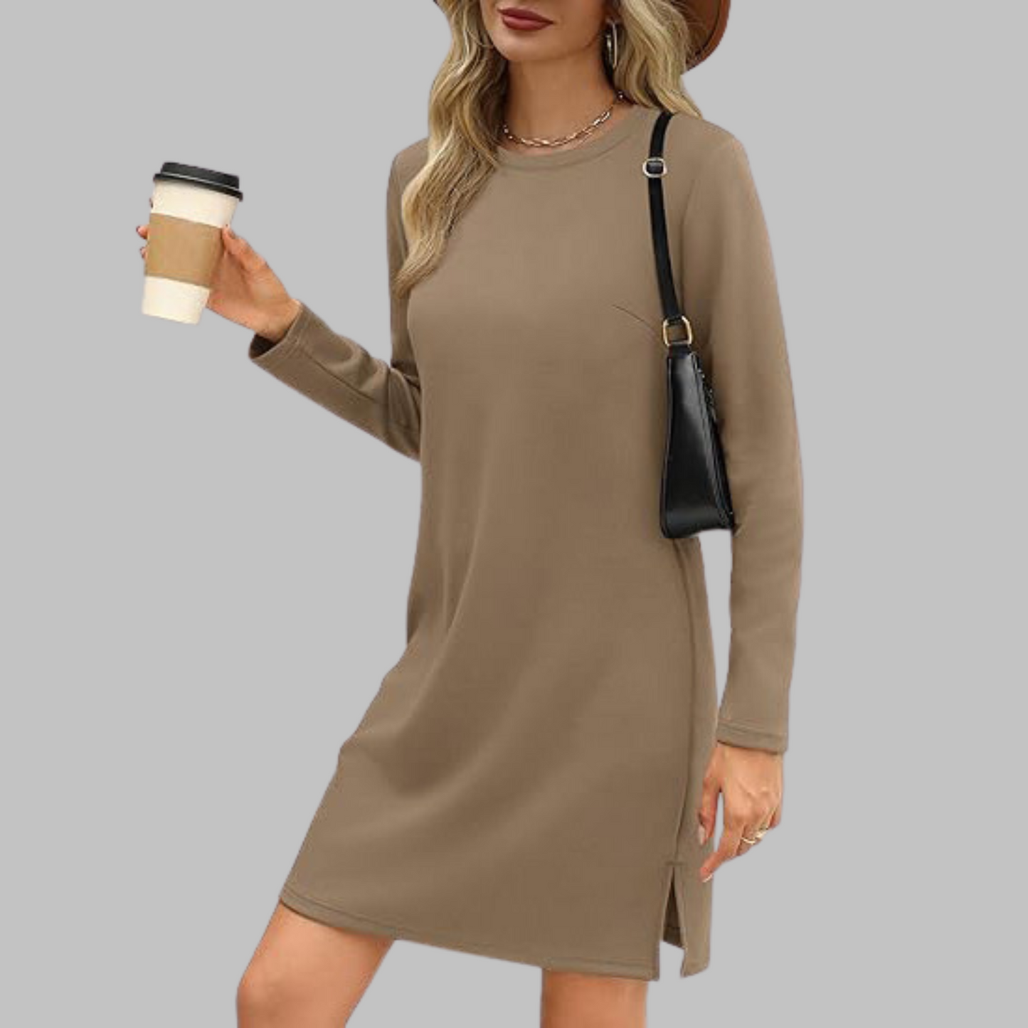 Khaki - Woman wearing a solid long sleeve jersey shift mini dress with side hem slits