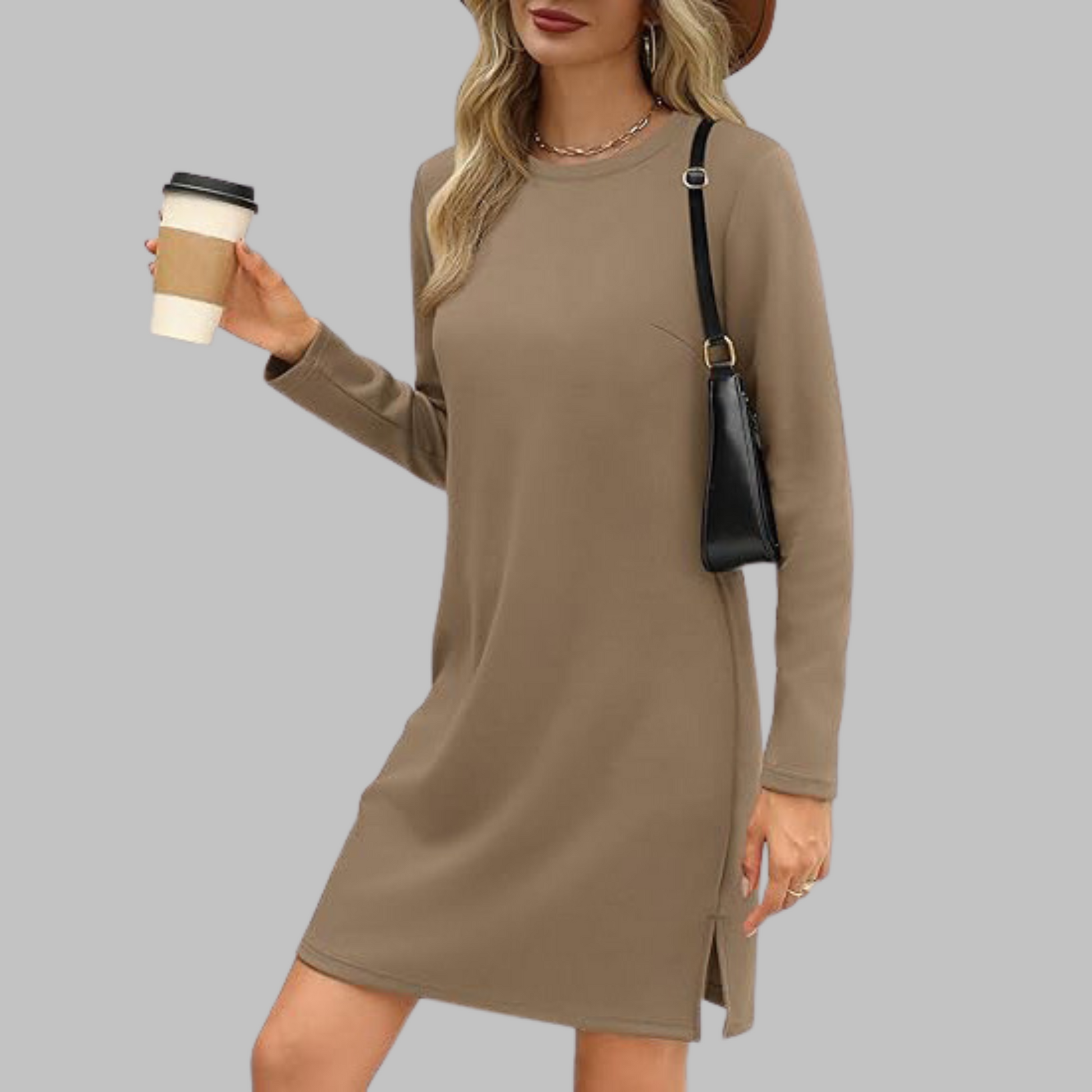Khaki - Woman wearing a solid long sleeve jersey shift mini dress with side hem slits