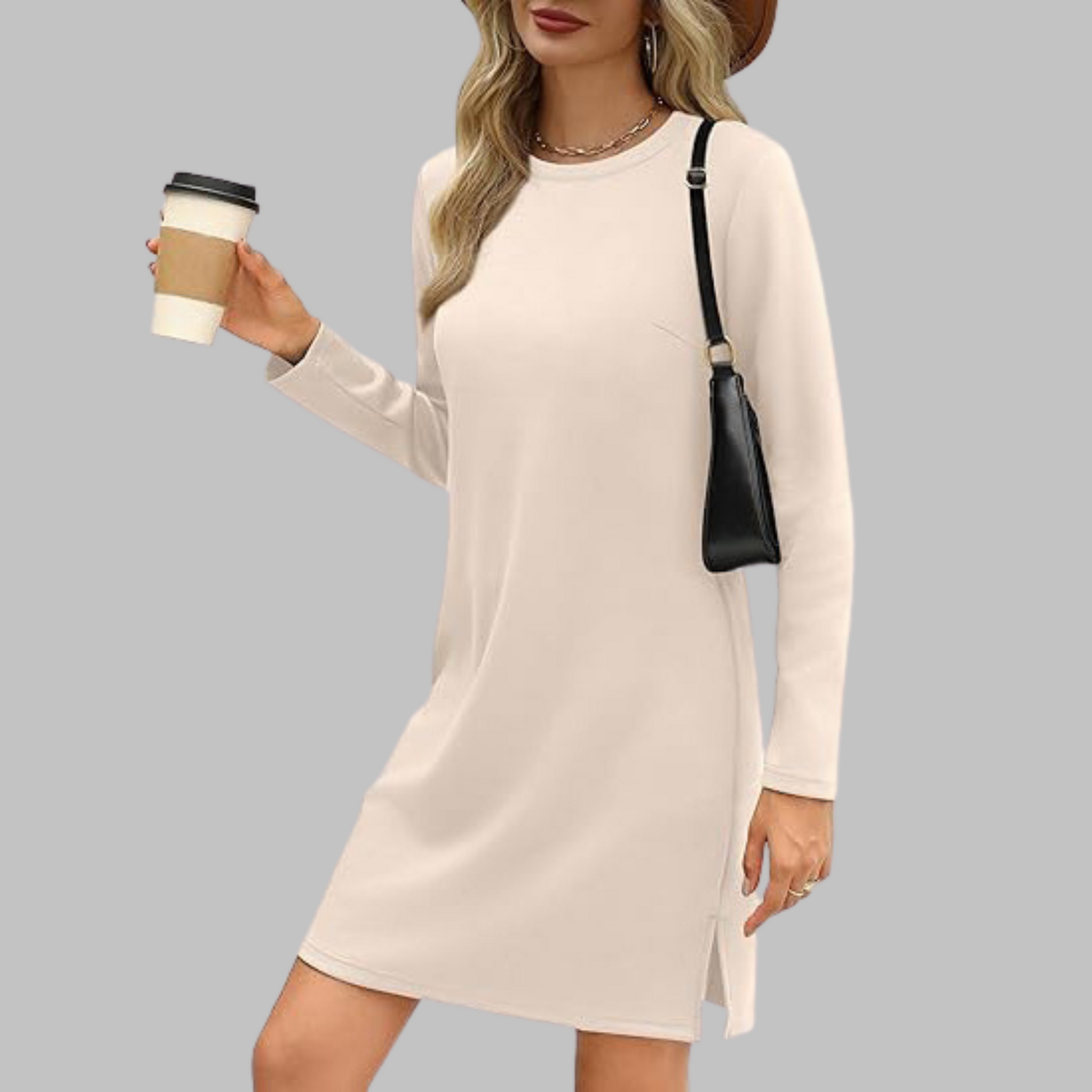 Beige - Woman wearing a solid long sleeve jersey shift mini dress with side hem slits