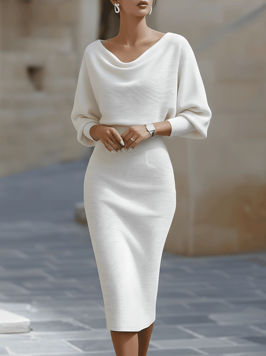 White - White ribbed knit long sleeve midi dress with draped cowl neckline