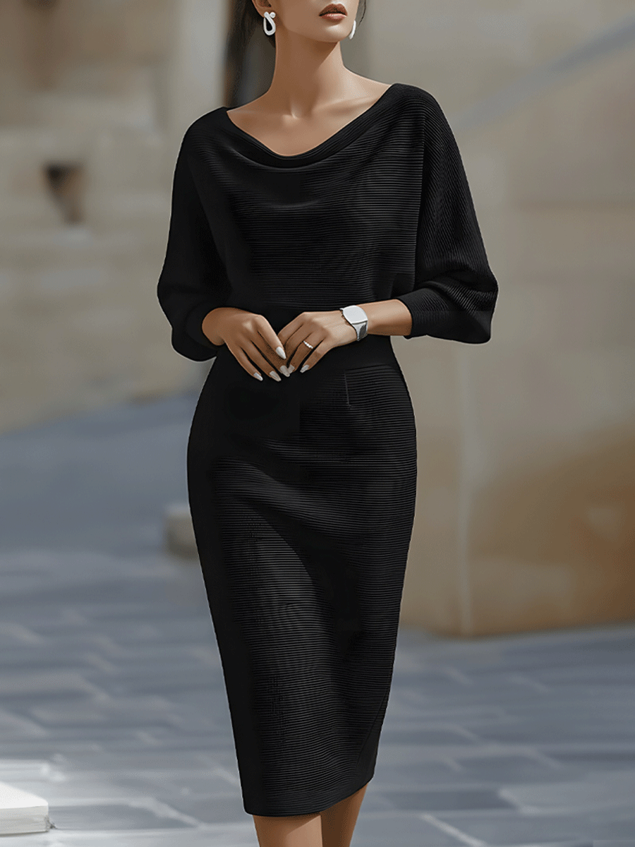 Black - White ribbed knit long sleeve midi dress with draped cowl neckline