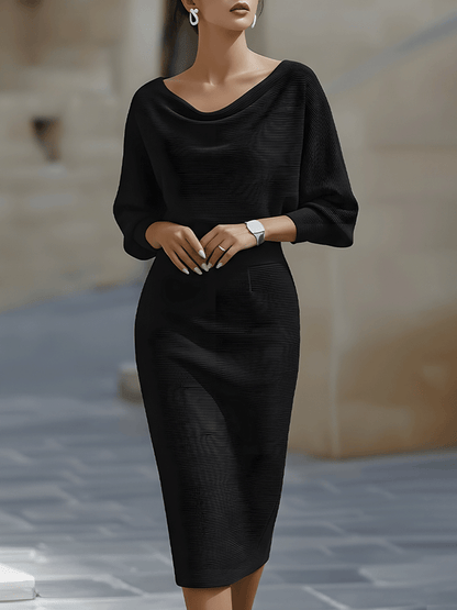Black - White ribbed knit long sleeve midi dress with draped cowl neckline