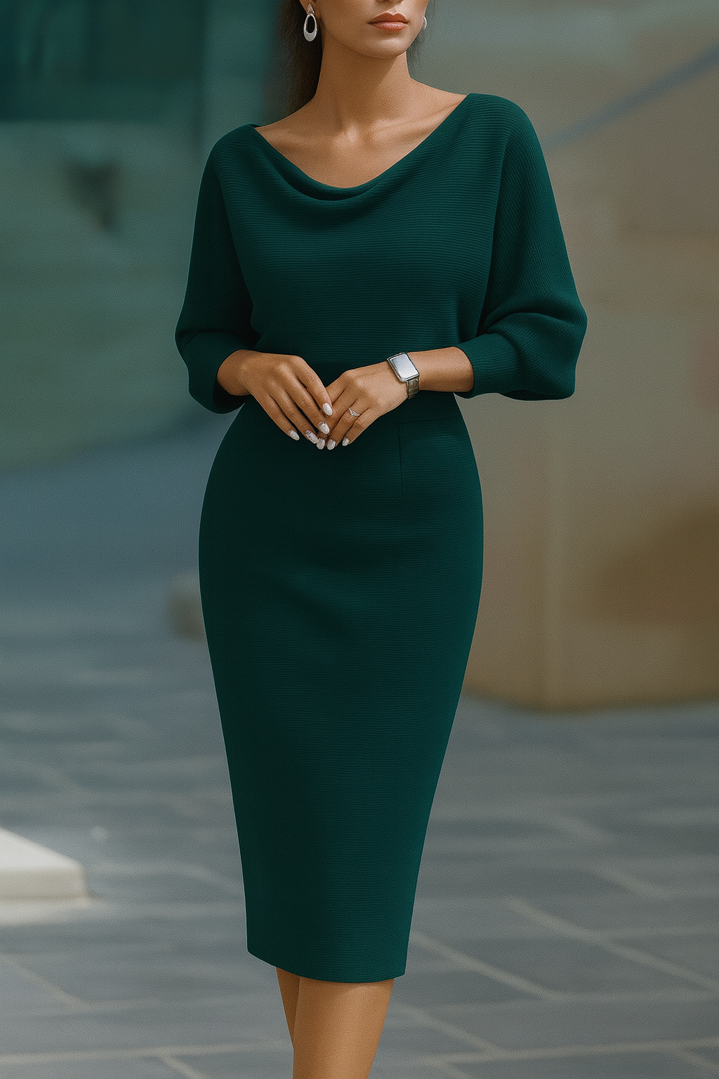 Green - White ribbed knit long sleeve midi dress with draped cowl neckline