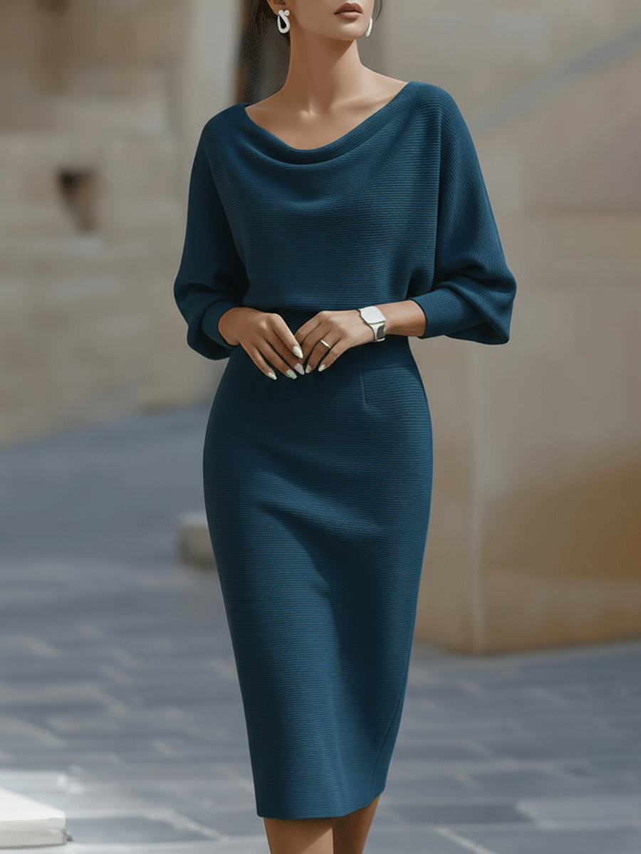 Teal - White ribbed knit long sleeve midi dress with draped cowl neckline