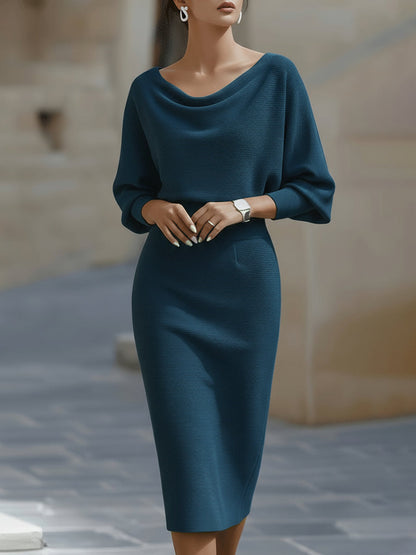 Teal - White ribbed knit long sleeve midi dress with draped cowl neckline